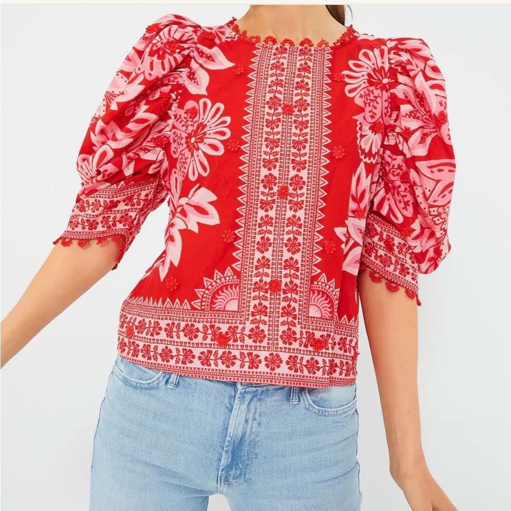 FARM Rio Red Floral Puff-Sleeve Blouse